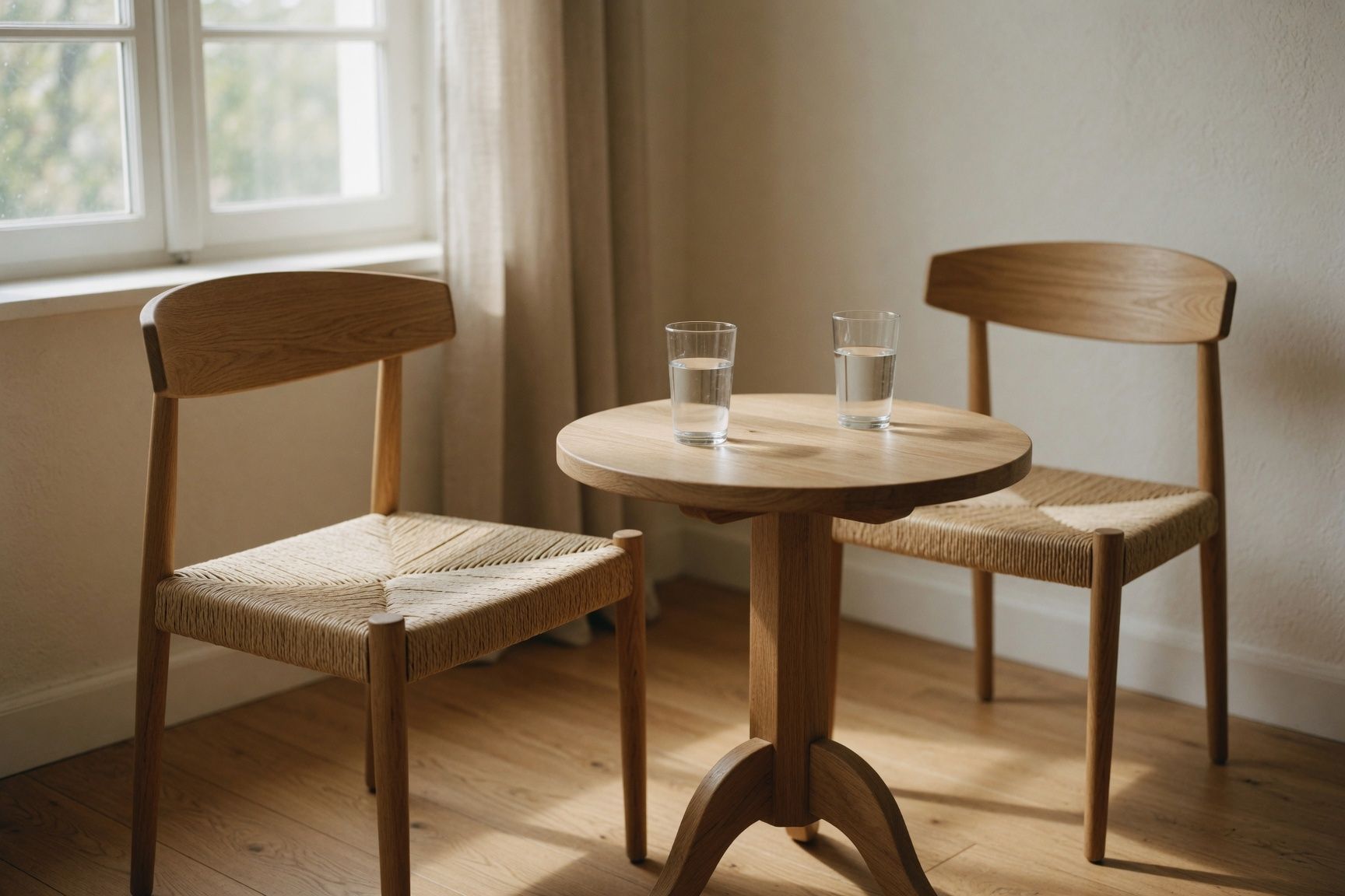 Zwei Holzstühle stehen sich an einem kleinen Tisch mit zwei Gläsern Wasser gegenüber.