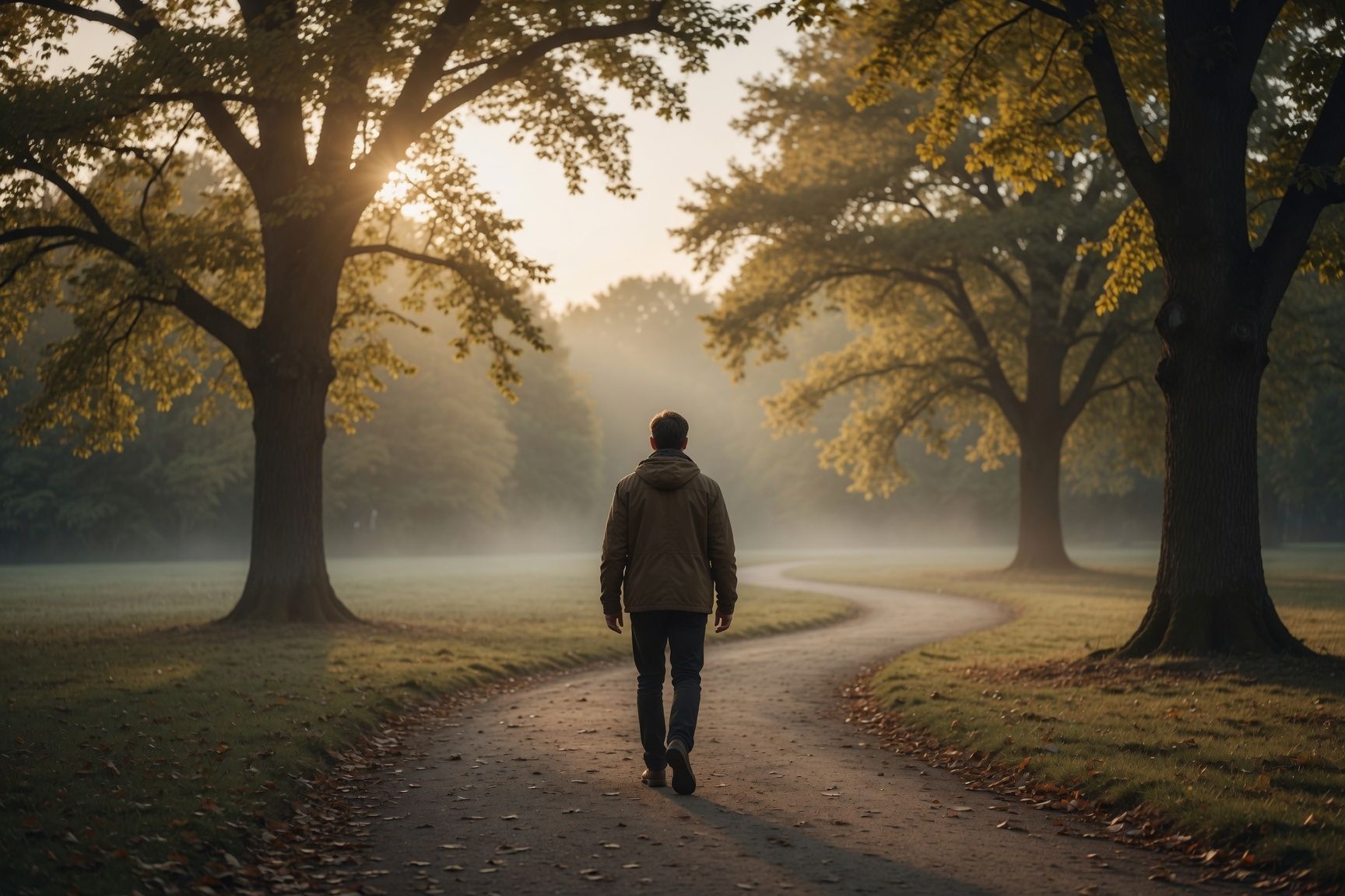 Ein Mensch geht allein einen geschwungenen Weg durch einen morgendlichen Park im Gegenlicht.